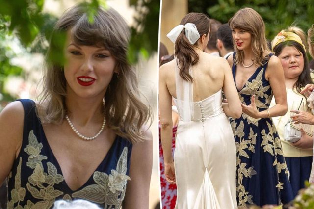 Taylor Swift rocks elegant navy tulle gown at pals’ UK wedding
