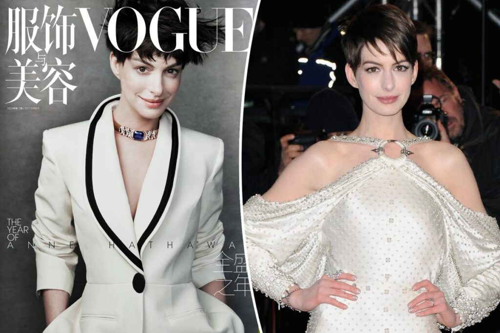 Anne Hathaway shows off new short haircut on Vogue China cover