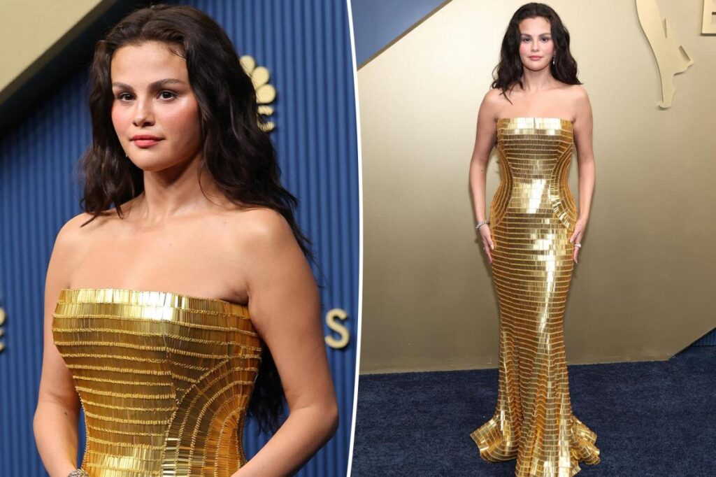 Selena Gomez wears gold beaded gown on the Emmys 2026 red carpet