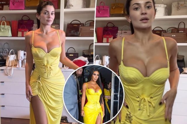 Kylie Jenner wears Kim Kardashian’s vintage Versace corset gown