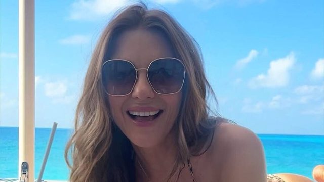 Elizabeth Hurley, 61, turns heads in a peach bikini as she soaks up the California sunshine