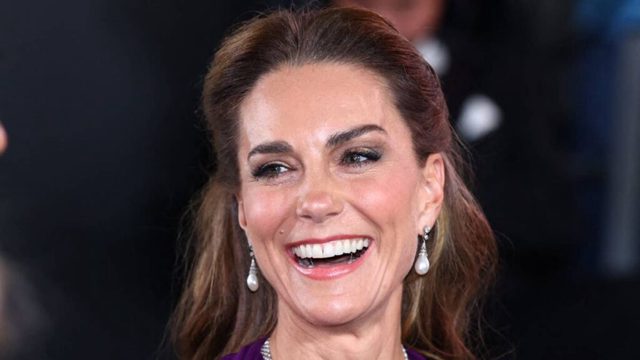 Kate Middleton wears sentimental royal jewels as she glides into Digger premiere in floor-skimming gown