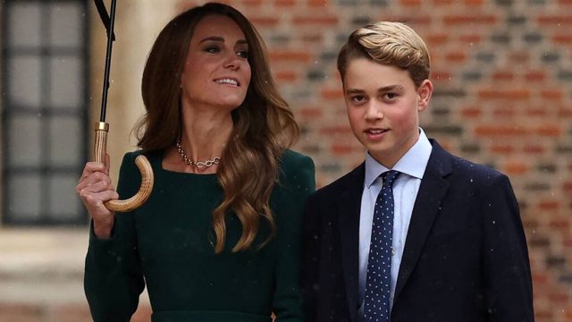 Kate Middleton braves the rain in flattering school run dress and glamorous curls for Prince George’s first day at Eton