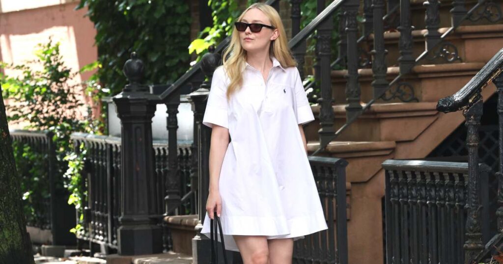 Dakota Fanning’s Shirtdress Is Loose, Slimming and Basically Made for 70-Degree Fall Days