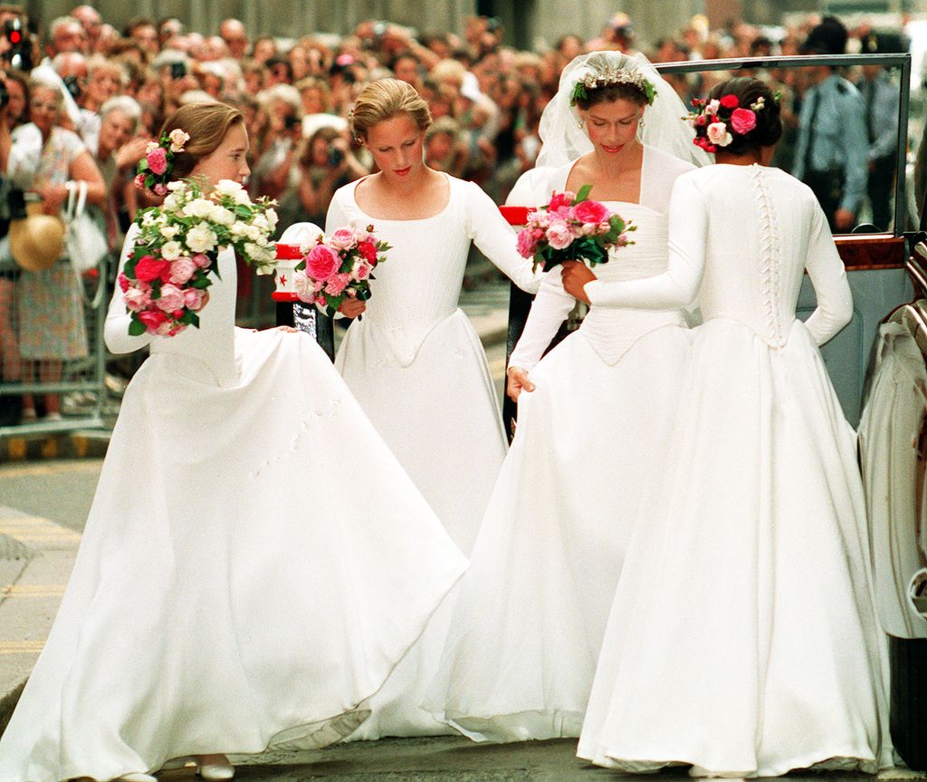 Lady Armstrong-Jones arrives with her bridesmaids, Lady Francis Armstrong-Jones, Zara Phillips and Tara Noble Singh