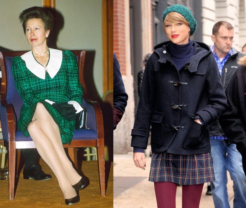 split screen of taylor and princess anne in tartan