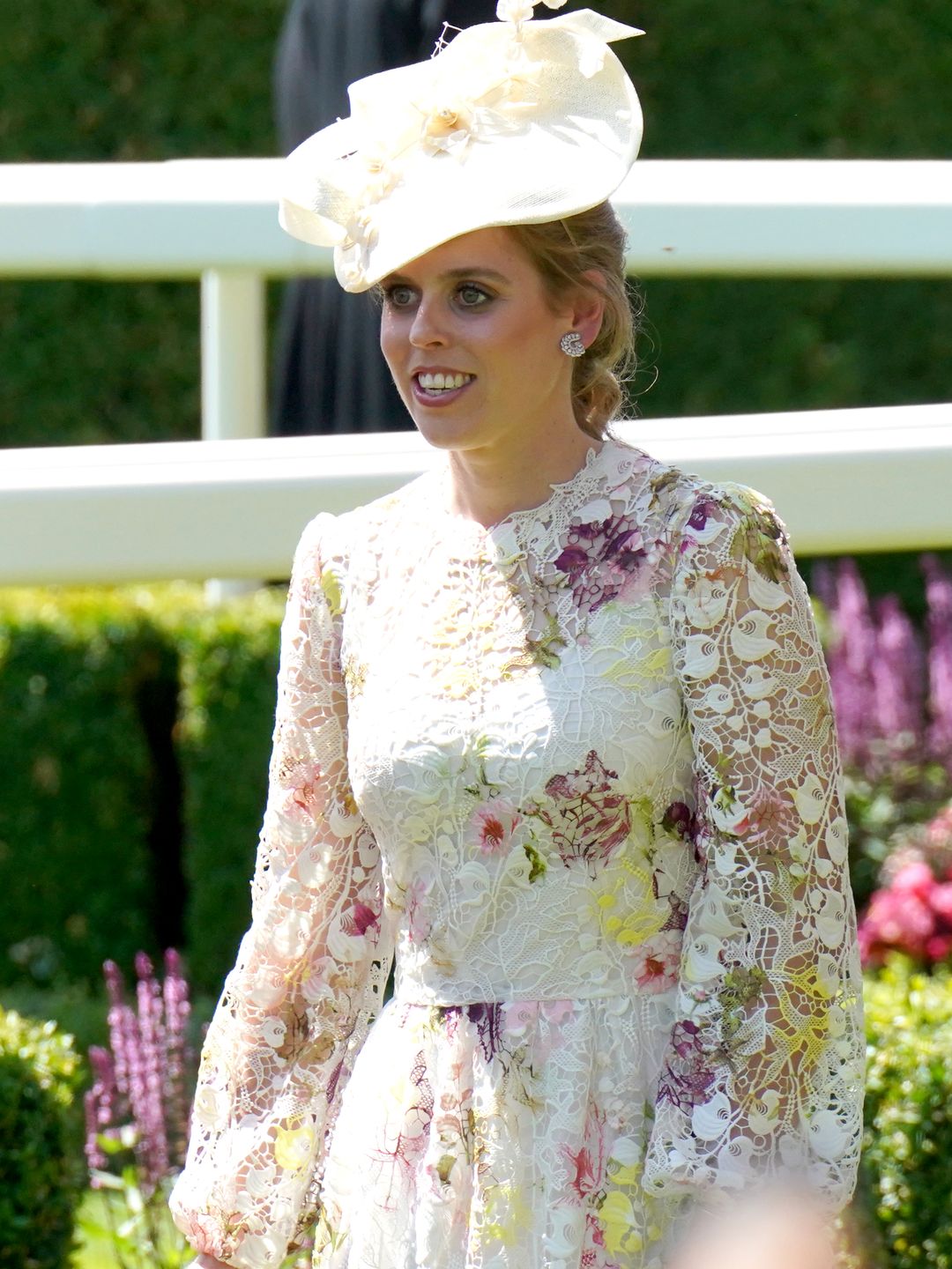 Princess Beatrice in a white floral dress