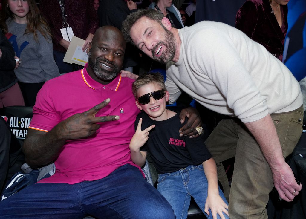 Shaquille O'Neal, Samuel Garner Affleck, and Ben Affleck attend the Ruffles Celebrity Game during the 2023 NBA All-Star Weekend at Vivint Arena on February 17, 2023 in Salt Lake City, Utah.