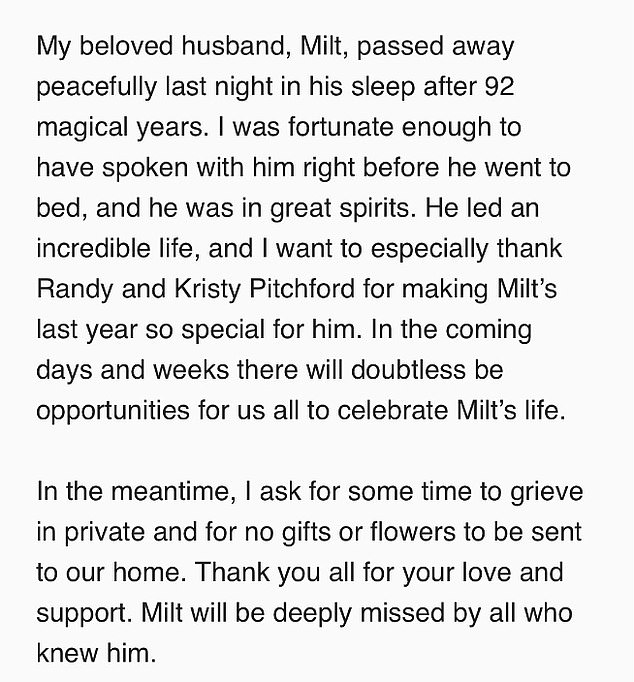 Larsen's wife Arlene paid tribute to her husband on Monday writing: 'My beloved husband, Milt, passed away peacefully in his sleep after 92 magical years. I was fortunate enough to have spoken to him right before his went to bed, and his was in great spirits'