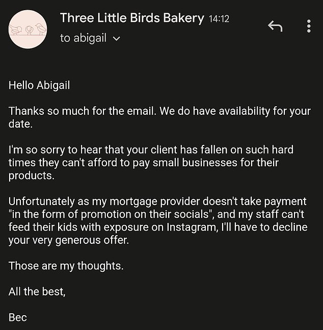 Awkward: Rebecca emailed the company back, explaining that she would be declining the 'very generous offer'