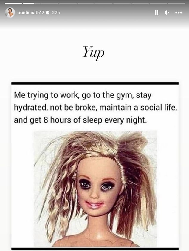 Getting the message: The actress posted a meme of a frazzled-looking Barbie doll with disheveled hair and smudged panda eyes