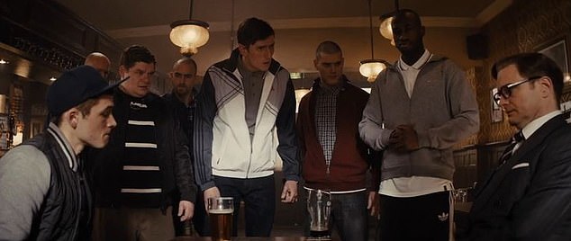 The 2014 film Kingsman: The Secret Service sees a reluctant Eggsy (furthest left), played by Taron Egerton, taken under the wing by agent Harry Hart (furthest right), played by Colin Firth, and trained to become an international spy