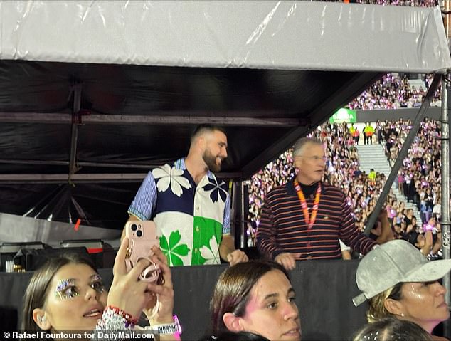 Proud father: Swift's father was also spotted wearing a Kansas City Chiefs lanyard to seemingly show his support for Kelce despite his favorite team being the Philadelphia Eagles