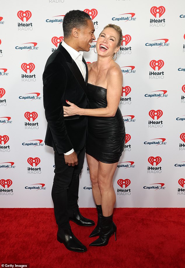 Robach was seen in a black leather mini dress, which she paired with black heeled boots and hoop earrings, while Holmes sported a black blazer, white button-down shirt and black pants