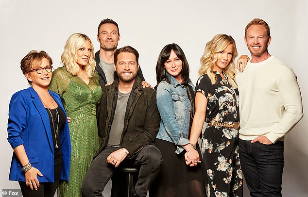 (L-R) Gabrielle Carteris, Tori Spelling, Brian Austin Green, Jason Priestley, Shannen Doherty, Jennie Garth and Ziering were seen in 2019 on the reboot BH90210