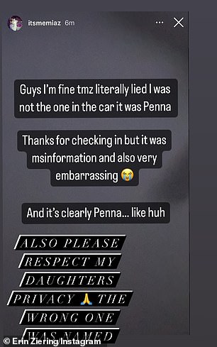 The couple's other daughter Mia corrected false repots that she was in the car at the time, but her sister Penna was in the vehicle at the time