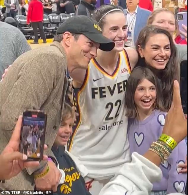 The Hollywood actors were seen posing with Caitlin Clark #22 of the Indiana Fever. Ashton and Mila married in 2015 after he divorced his first wife Demi Moore in 2013. Together the former That 70s Show costars have daughter Wyatt, age nine, and son Dimitri, age seven