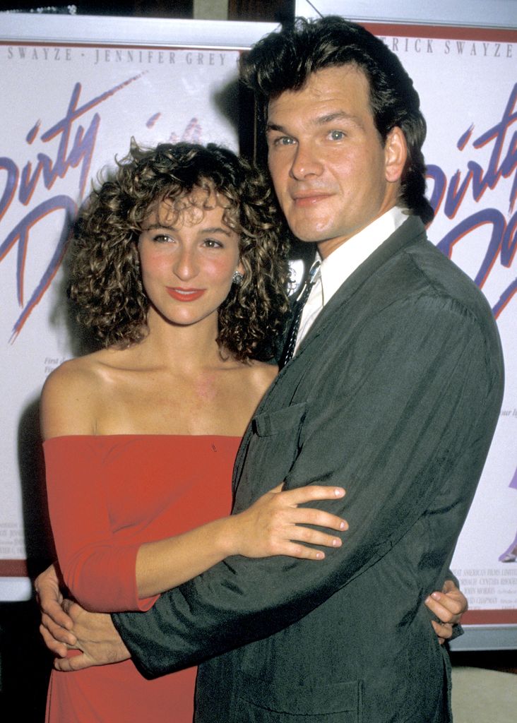 Jennifer Grey and Patrick Swayze attend the premiere of "Dirty Dancing" in 1987 