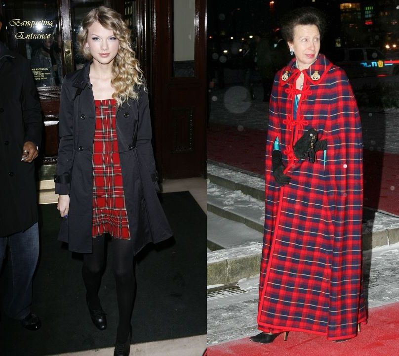 Princess Anne and Taylor Swift in red tartan