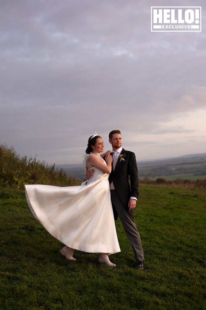 Maddison Brudenell in her wedding dress and wellies