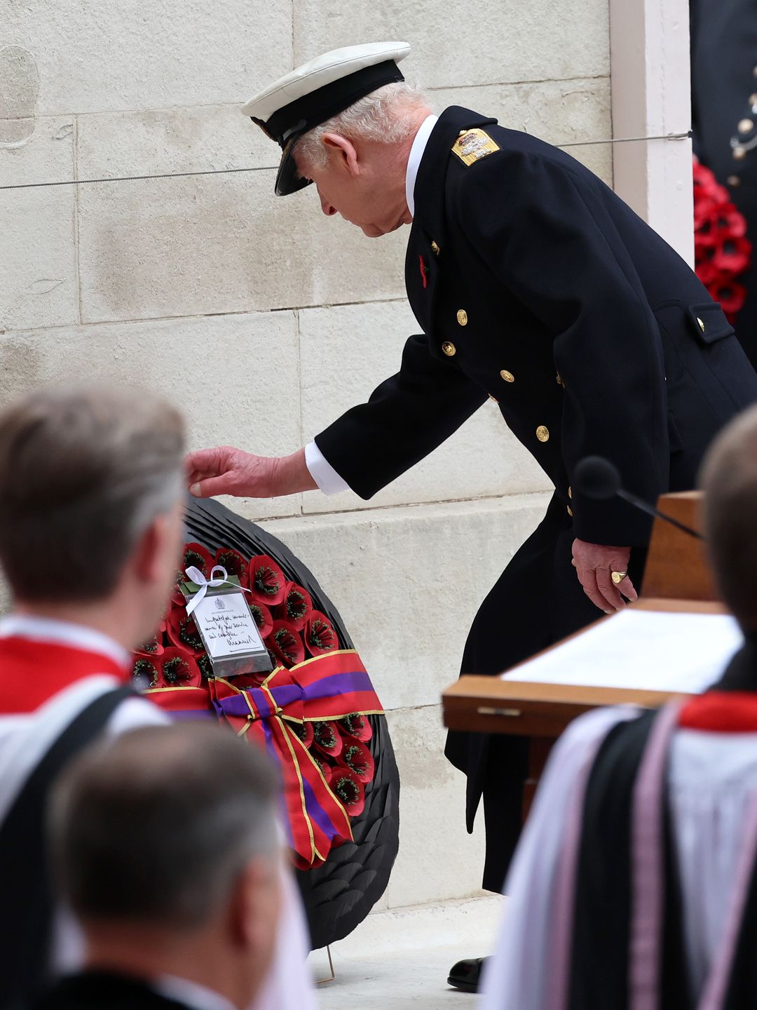 King Charles lays his wreath during the National Service of Remembrance at The Cenotaph