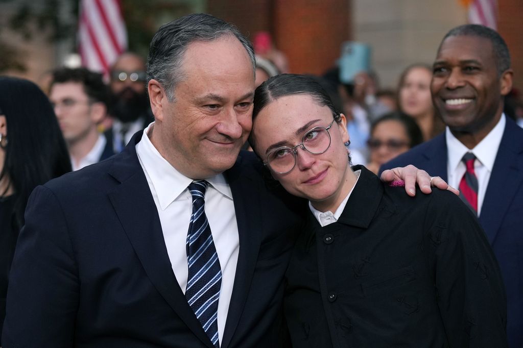  Second gentleman Doug Emhoff and Ella Emhoff react after Democratic presidential nominee, U.S. Vice President Kamala Harris conceded the election