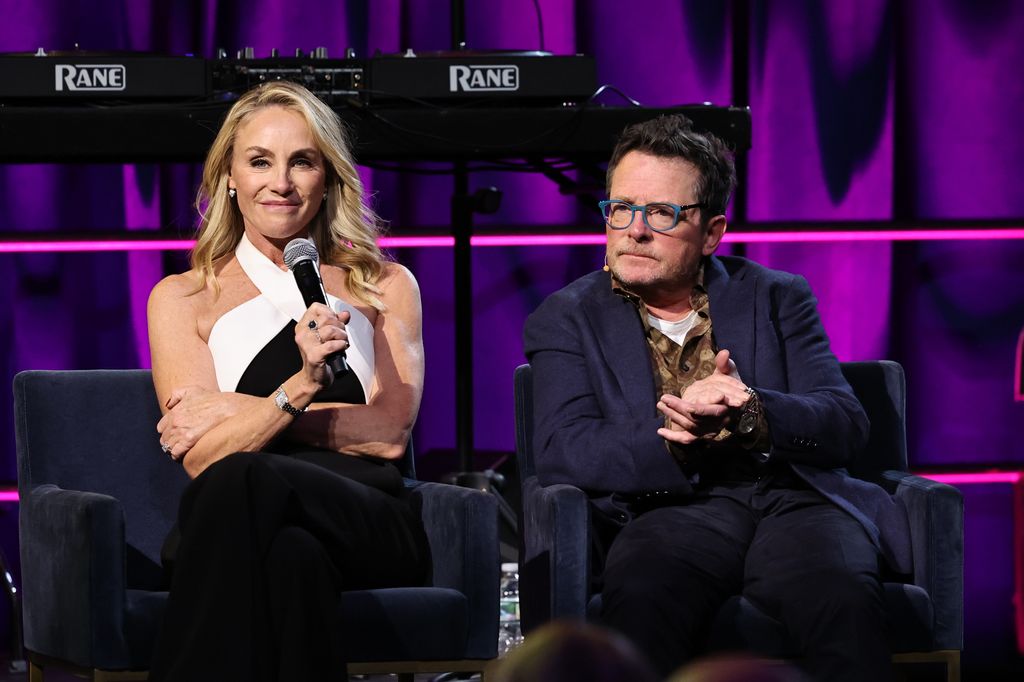 Tracy Pollan and Michael J. Fox speak onstage during A Funny Thing Happened On The Way To Cure Parkinson's at Casa Cipriani on November 16, 2024 in New York City