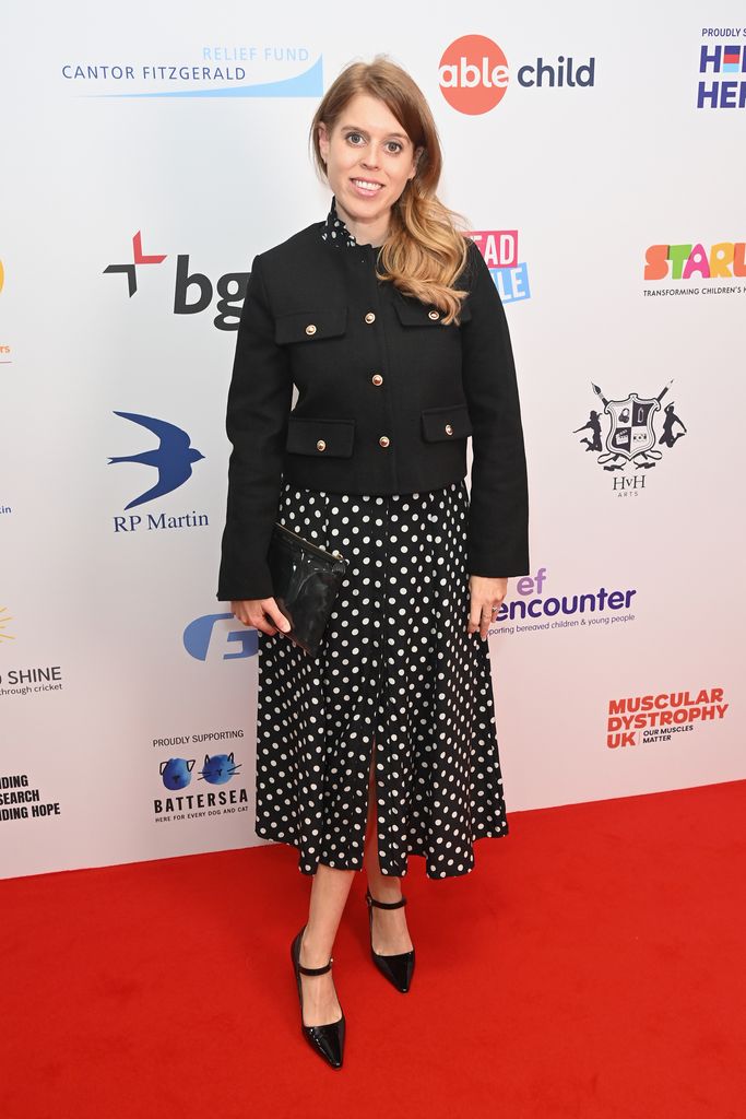 Princess Beatrice on red carpet in polka dot dress