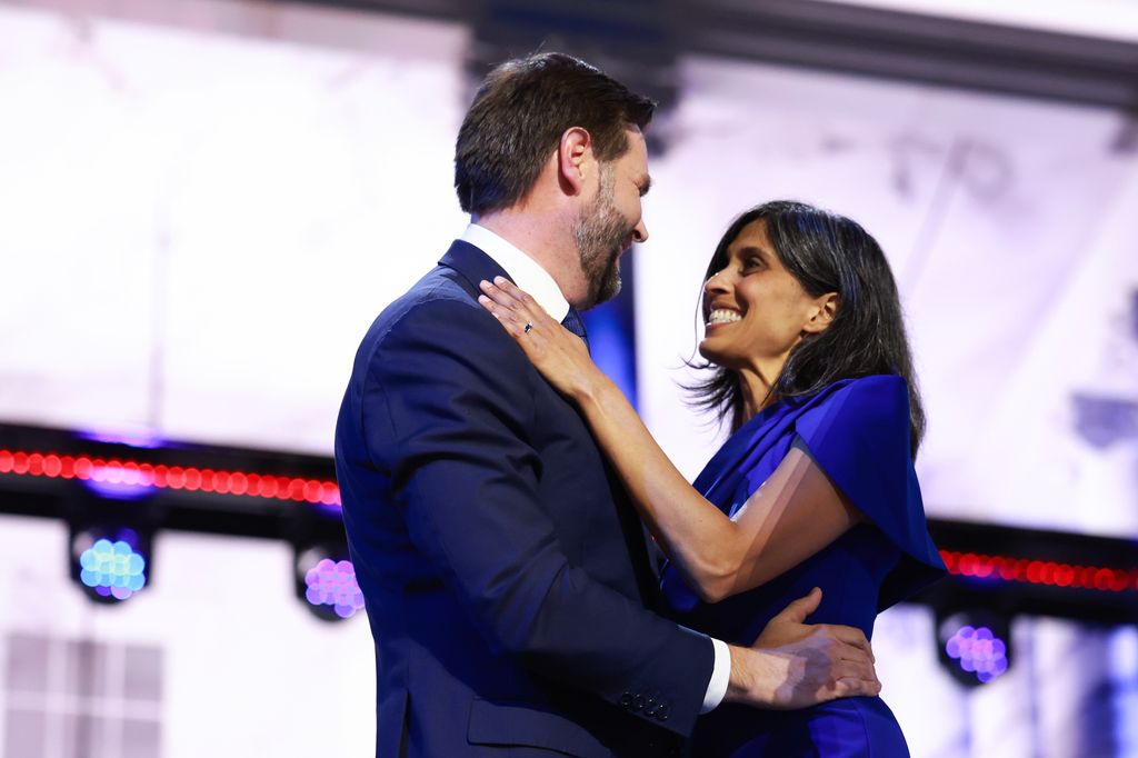 Republican vice presidential candidate, U.S. Sen. J.D. Vance (R-OH) is joined by his wife Usha Chilukuri Vance on stage  on the third day of the Republican National Convention at the Fiserv Forum on July 17, 2024 in Milwaukee, Wisconsin. Delegates, politicians, and the Republican faithful are in Milwaukee for the annual convention, concluding with former President Donald Trump accepting his party's presidential nomination. The RNC takes place from July 15-18