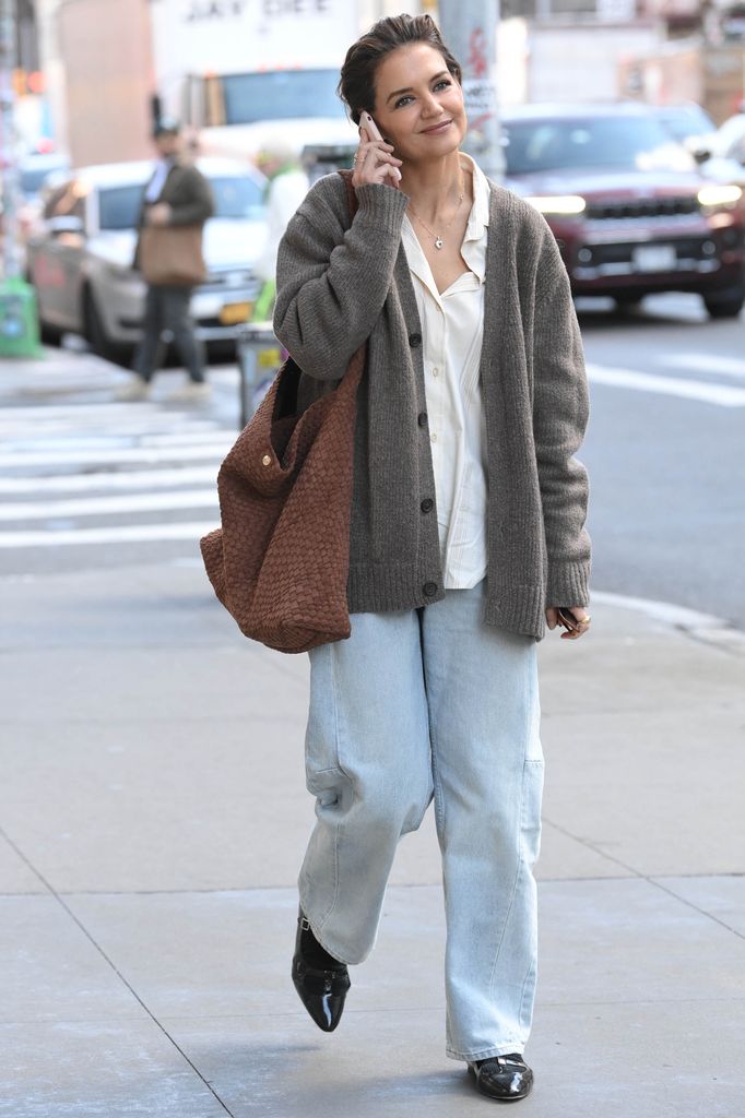 Katie Holmes is seen on her way to the theatre in jeans and a Dune London bag on October 10, 2024 in New York City