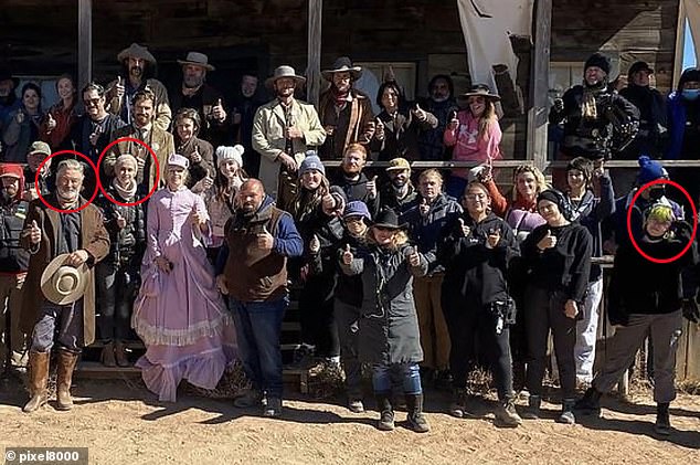 Cinematographer Halyna Hutchins circled alongside Alec Baldwin and far-right circled, armourer Hannah Gutierrez Reed with the rest of the cast and crew of Rust