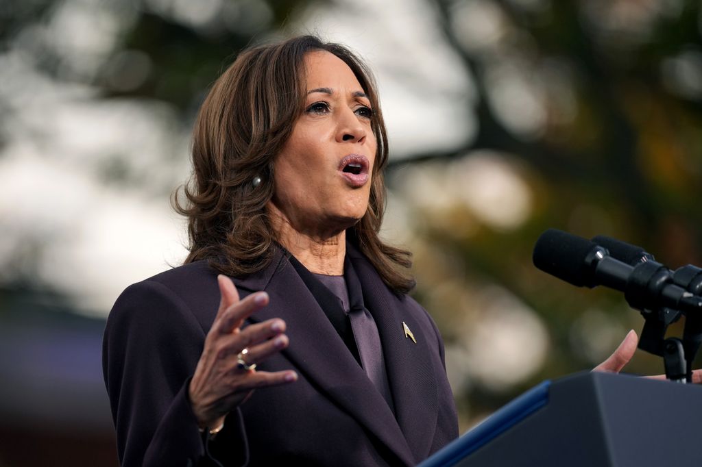  Democratic presidential nominee, U.S. Vice President Kamala Harris speaks on stage as she concedes the election