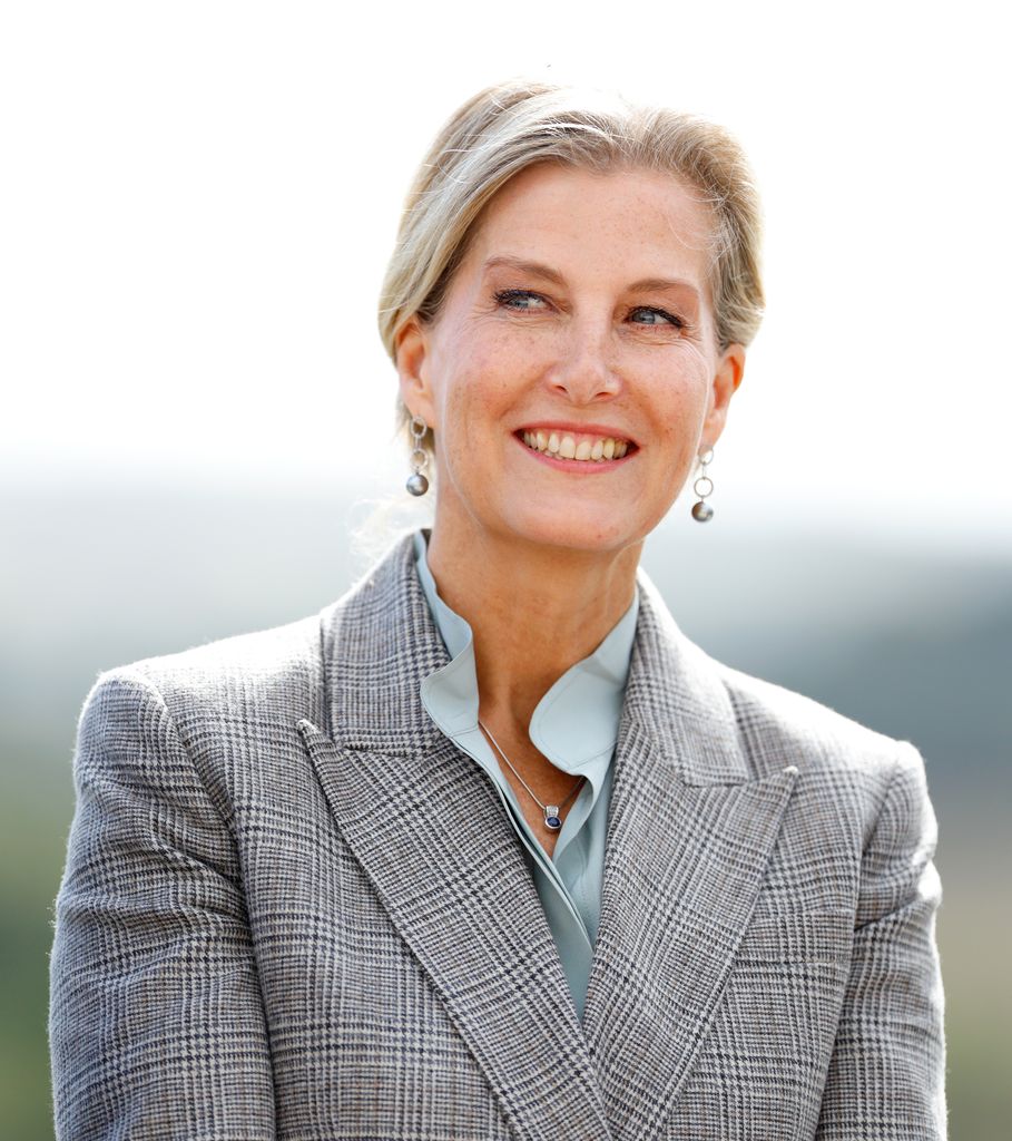 Sophie, Duchess of Edinburgh smiling waist up in plaid grey blazer