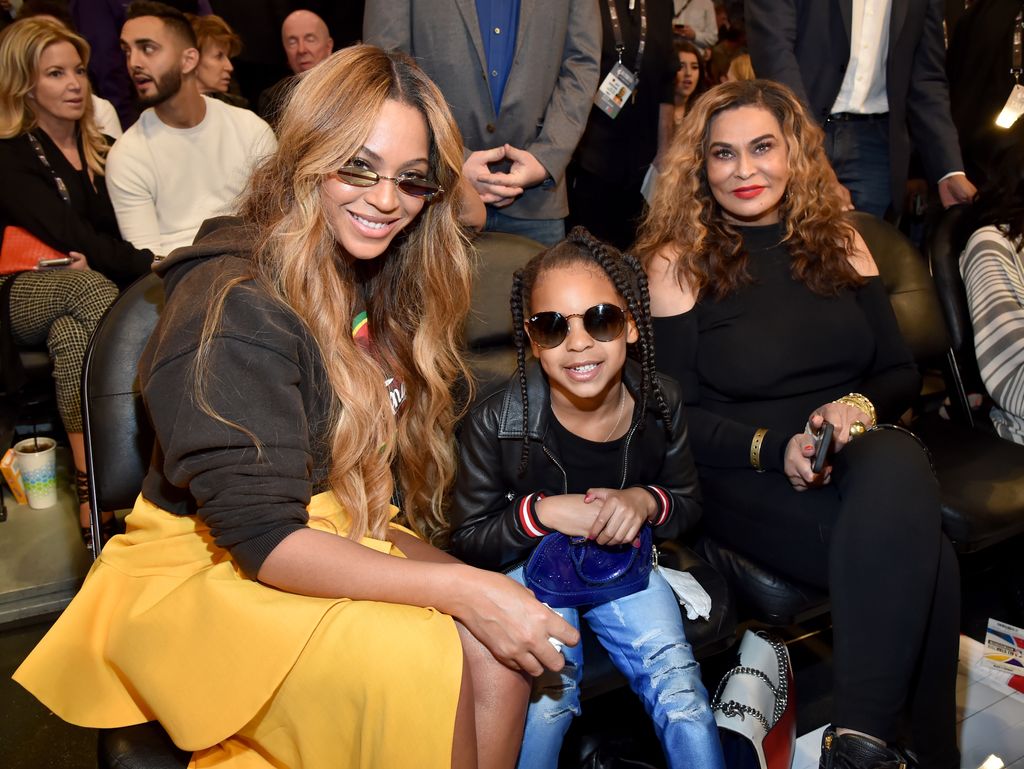 Beyonce, Blue Ivy Carter, and Tina Knowles attend the 67th NBA All-Star Game: Team LeBron Vs. Team Stephen at Staples Center on February 18, 2018 in Los Angeles, California.