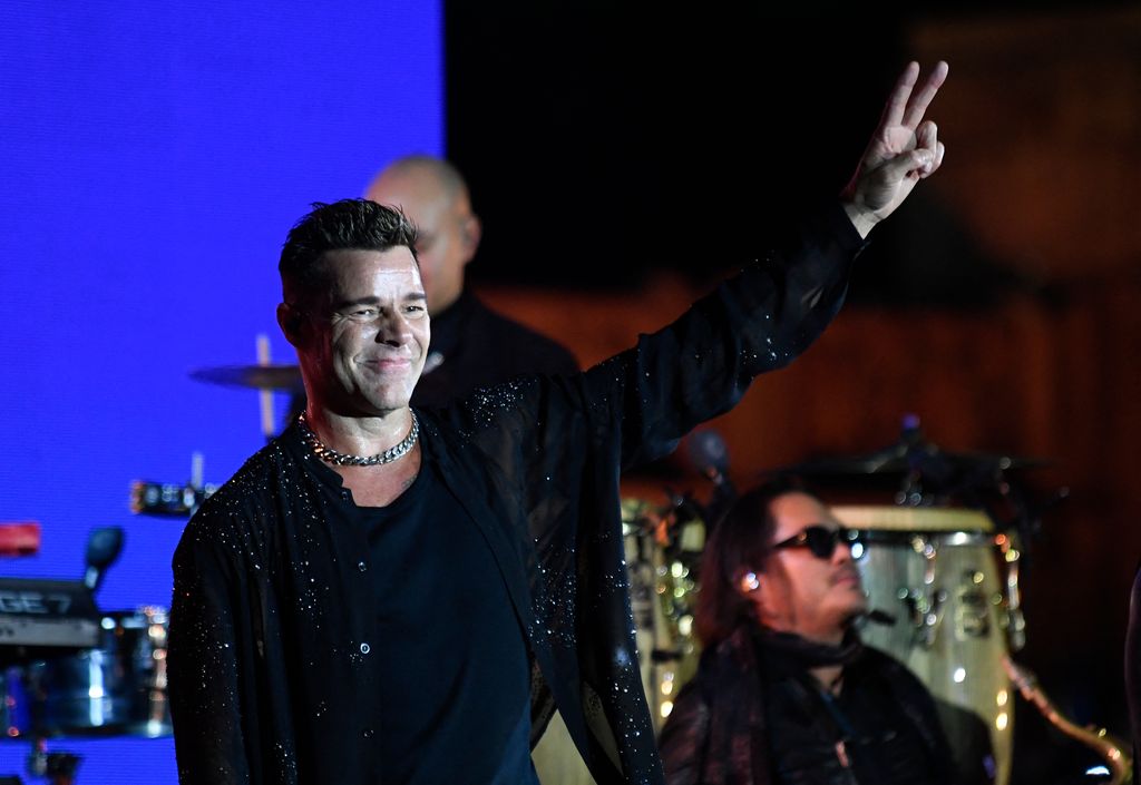 Puerto Rican singer Ricky Martin performs during a campaign rally with US Vice President and Democratic presidential candidate Kamala Harris on the Benjamin Franklin Parkway in Philadelphia, Pennsylvania on November 4, 2024.