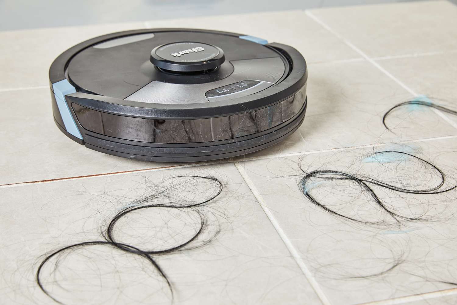 Shark RV2610WA Matrix Plus 2-in-1 Robot Vacuum and Mop cleaning hair on tile floor