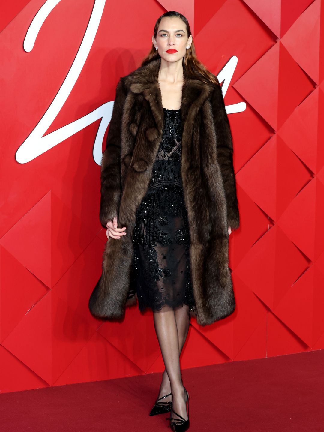 alexa chung in brown fur coat