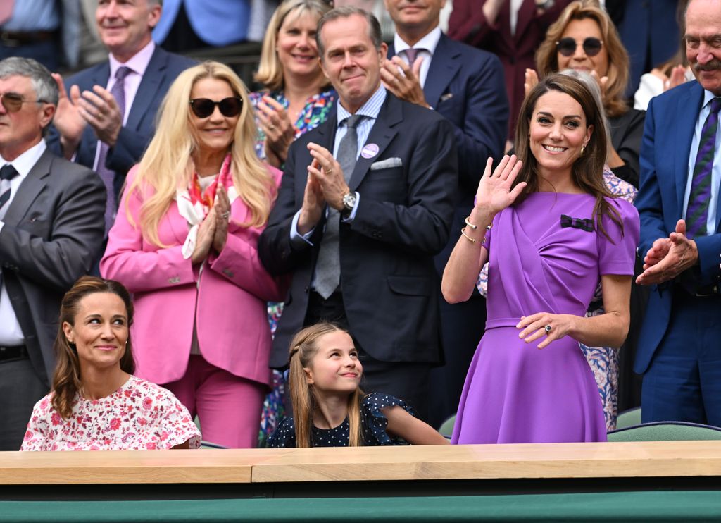 Pippa Middleton and Princess Charlotte look up at Kate at Wimbledon