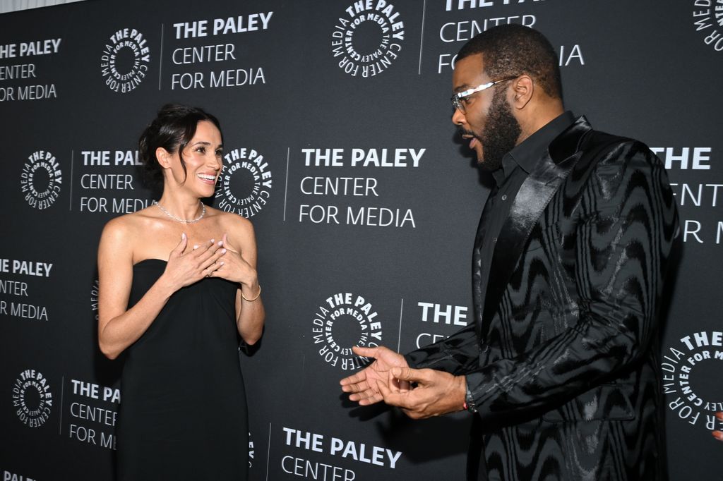 Meghan, Duchess of Sussex greets Tyler Perry at The Paley Gala