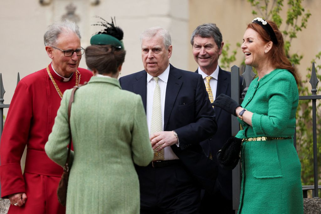 Princess Anne, Sir Timothy Laurence, Sarah Ferguson and Prince Andrew leave after attending the Easter Mattins Service at St. George's Chapel, Windsor Castle