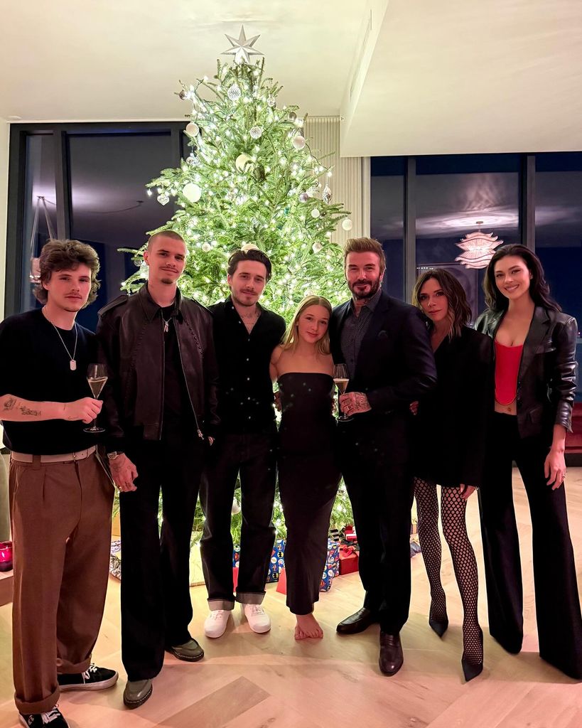 David, Victoria, Brooklyn, Romeo, Cruz and Harper Beckham, plus Nicola Peltz Beckham posing in front of a Christmas tree on Christmas day 2024