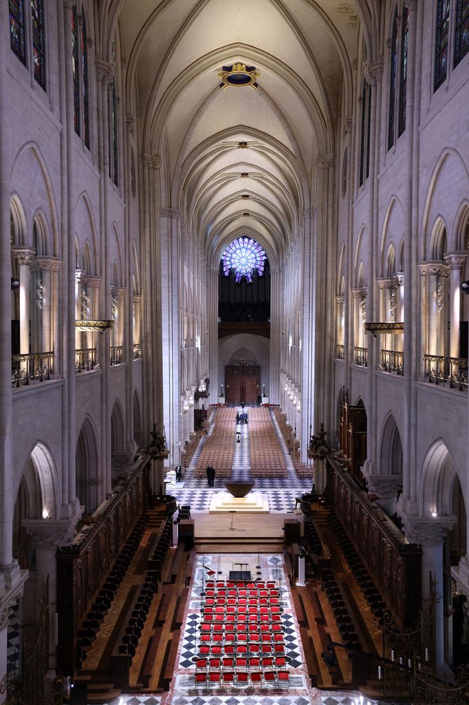 View inside Notre-Dame of Paris Cathedral on December 07, 2024 in Paris, France