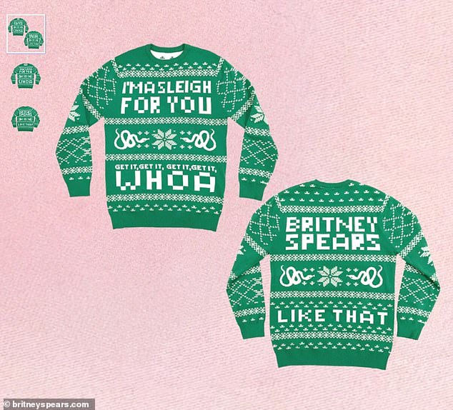 Britney's 'I'm A Sleigh For You' green Christmas sweater that's sold on her merchandise website costs a hefty $85