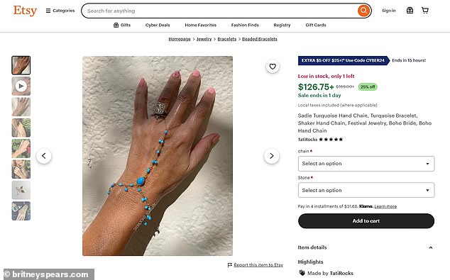 The 'made-to-order' silver hand chain originated from the Etsy store TatiRocks and is called the 'Sadie Turquoise Hand Chain. It costs $126.75 and features a Turquoise gem with the option of a silver or gold chain