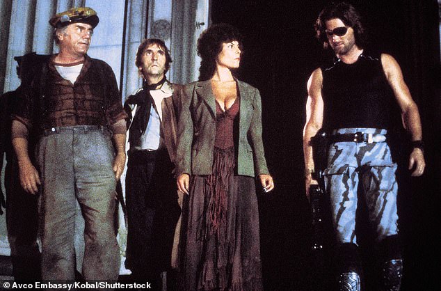 Barbeau starred in her then-husband John Carpenter's 1981 Escape from New York, which became a cult-classic, alongside Kurt Russell (right), Harry Dean Stanton (middle left) and Donald Pleasence (left)