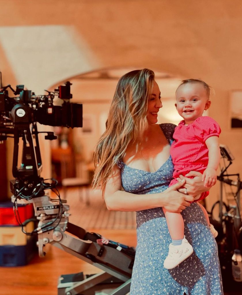 Photo shared by Kaley Cuoco on Instagram on set with her daughter Matilda, a diamond ring visible on her ring finger