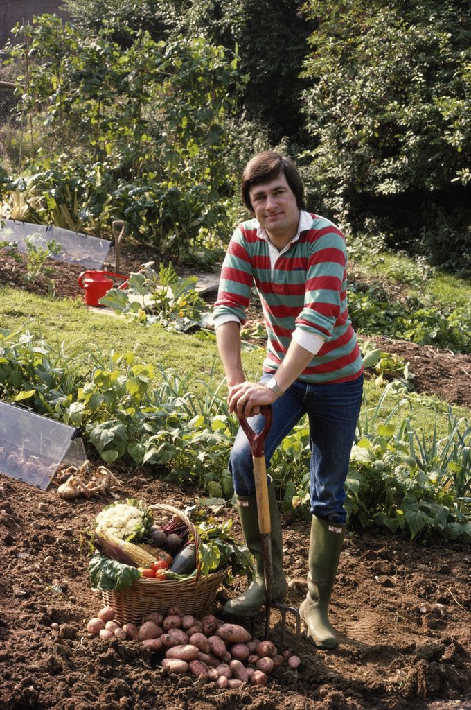 man digging in garden wearing striped top