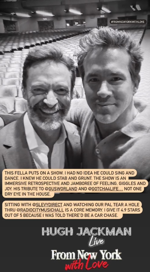 Screengrab of Ryan Reynolds' Stories, showing a selfie of Ryan and Hugh Jackman at Radio City Hall