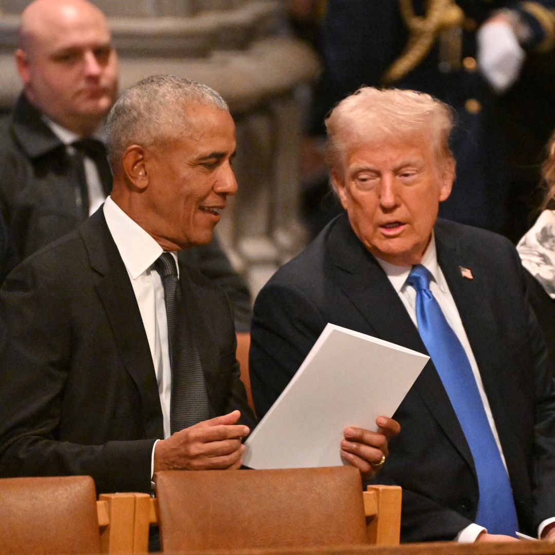 (L-R) Former US President Barack Obama, President-elect Donald Trump and former First Lady Melania Trump arrive to attend the State Funeral Service for former US President Jimmy Carter at the Washington National Cathedral in Washington, DC, on January 9, 2025.