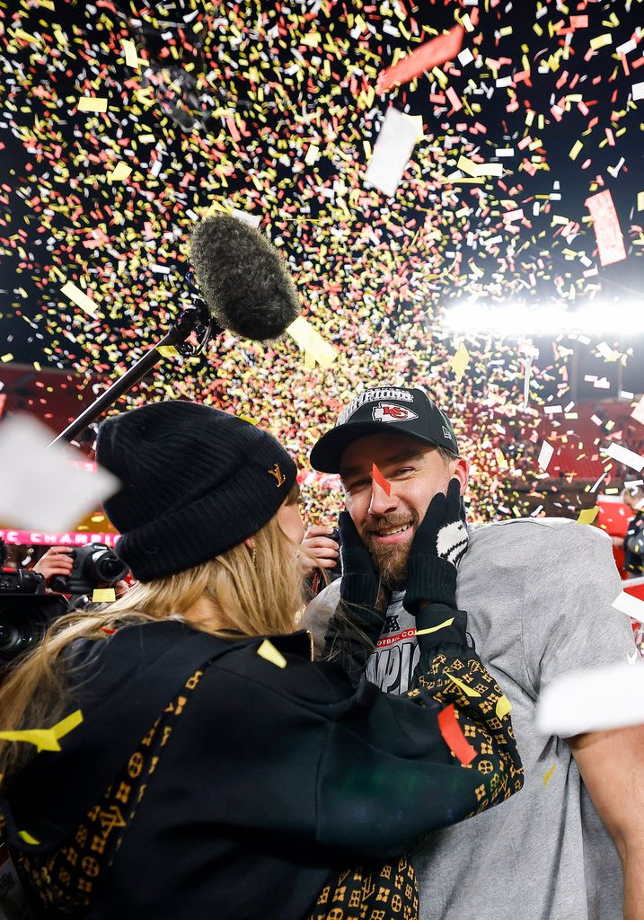 Taylor Swift celebrates with Travis Kelce as the Kansas City Chiefs secured their spot in the Super Bowl 